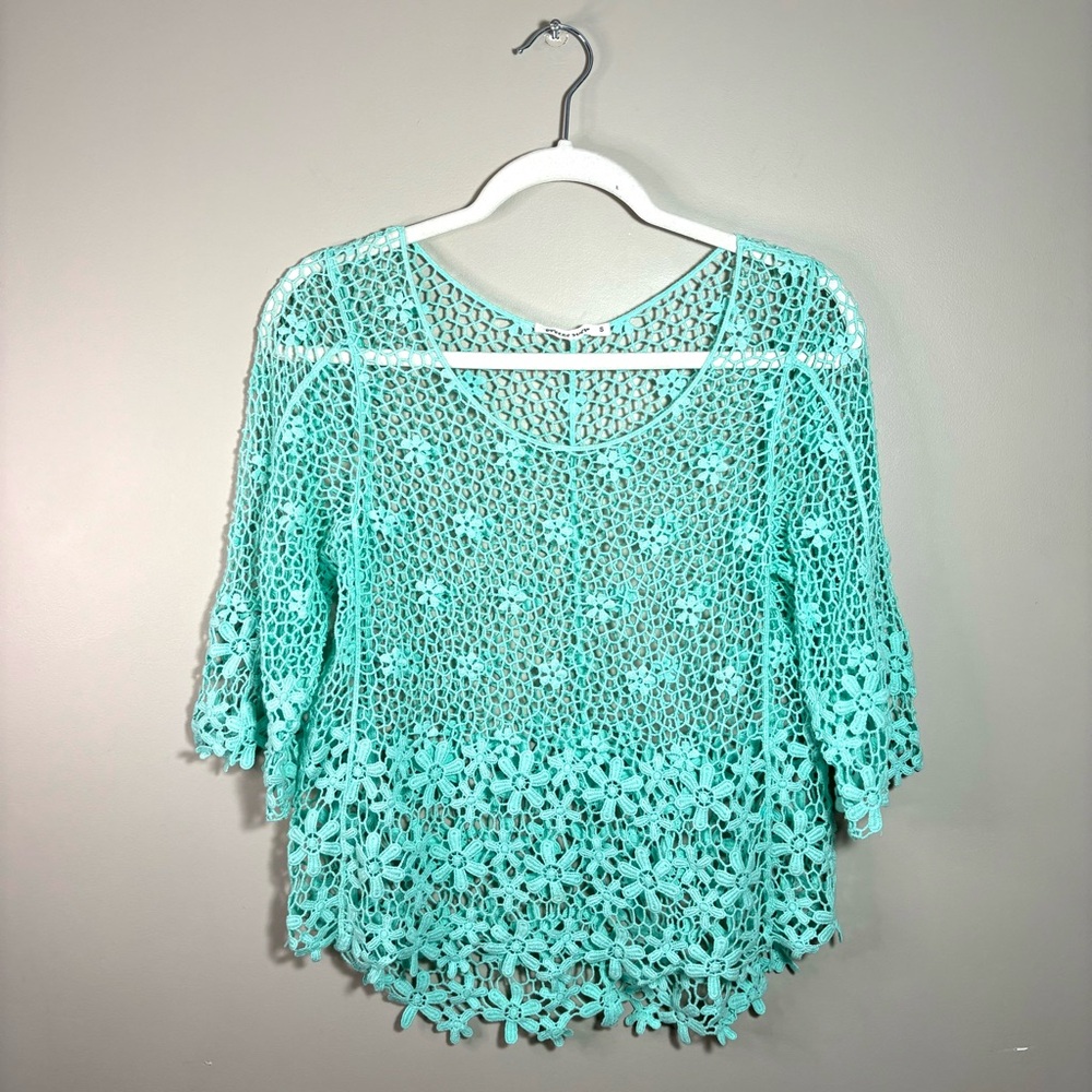 Breeze Ever Mint Green Lace Crochet Crop Top Boho Chic Hi Low 3/4 Bell Sleeve S
